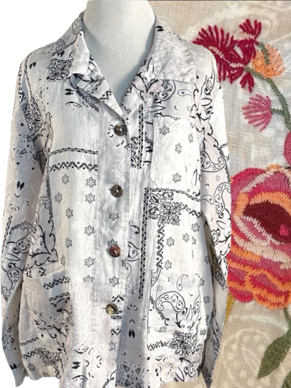 Johnny Was Linen Ashton Bandana Worker Jacket Small Embroidered Blazer